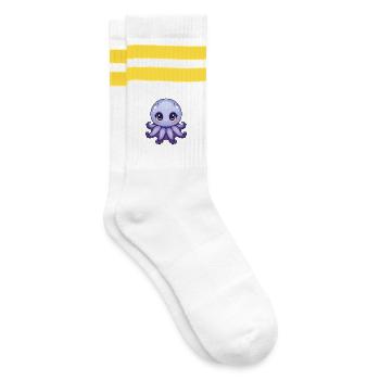 Kawaii Big Eyes Purple Octopus - Striped tennis socks - white/yellow - Right