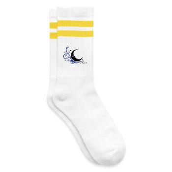 Mystischer Mond mit Sternen Nacht Symbol - Gestreifte Tennissocken - Weiß/Gelb - Rechts