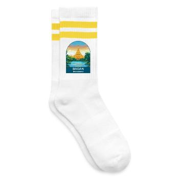 Bagan Myanmar Tempel Vintage-Reiseplakat - Gestreifte Tennissocken - Weiß/Gelb - Rechts