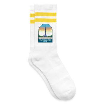 Guangzhou China Canton Tower Vintage-Reiseplakat - Gestreifte Tennissocken - Weiß/Gelb - Rechts