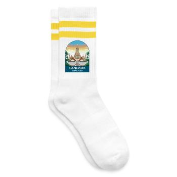 Bangkok Thailand Tempel Vintage-Reiseplakat-Kunst - Gestreifte Tennissocken - Weiß/Gelb - Rechts