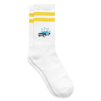 Kindershirt Polizeiauto Kindermotiv Polizei - Gestreifte Tennissocken - Weiß/Gelb - Rechts