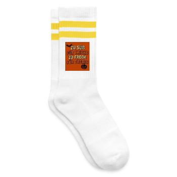 Halloween Spruch mit Kürbis und Fledermaus - Gestreifte Tennissocken - Weiß/Gelb - Rechts