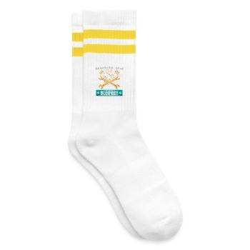 Auto Tuner Tuning Kfz Werkstatt Mechaniker Spruch - Gestreifte Tennissocken - Weiß/Gelb - Rechts