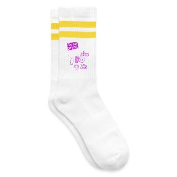 EXANGLIA (Lila + Weißer Text) - Gestreifte Tennissocken - Weiß/Gelb - Rechts