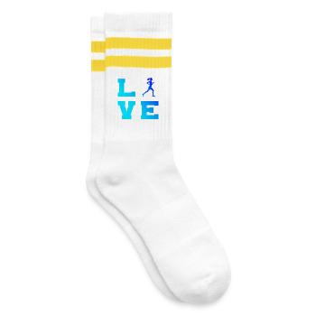Marathonlaufen Geschenkidee für die Laufsportlerin - Gestreifte Tennissocken - Weiß/Gelb - Rechts