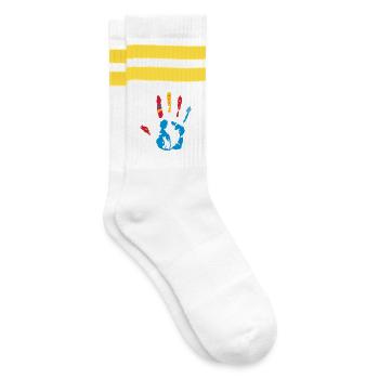 A colorful hand print with various shapes - Striped tennis socks - white/yellow - Right