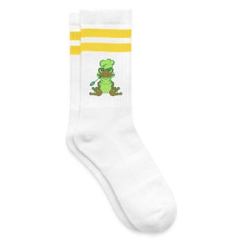 koch chef kochen lecker essen muetze schuerze gril - Gestreifte Tennissocken - Weiß/Gelb - Rechts