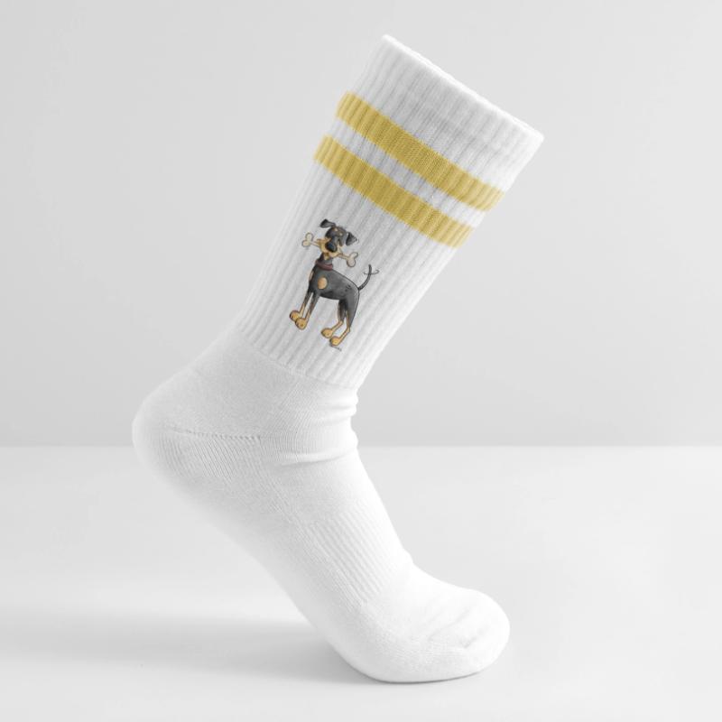 Dobermann Oder Pinscher mit Knochen Gestreifte Tennissocken