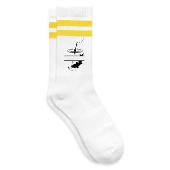 Fischschwimmer und Bar zwischendurch für den eigenen Text - Gestreifte Tennissocken - Weiß/Gelb - Rechts