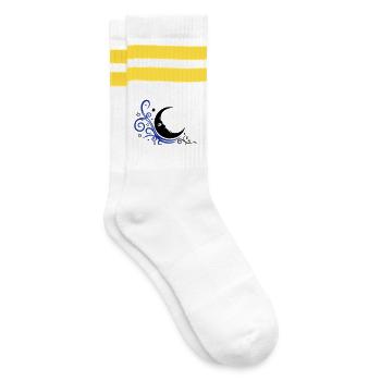 Mystischer Mond mit Sternen Nacht Symbol - Gestreifte Tennissocken - Weiß/Gelb - Rechts