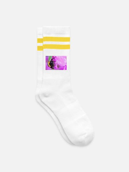 Biene am Veilchen - Gestreifte Tennissocken - Weiß/Gelb