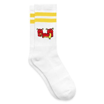 2 Caterpillars Worm Happy Eating Pizza Sausage Eating - Striped tennis socks - white/yellow - Right