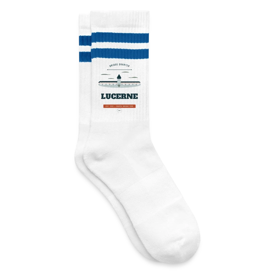Lucerne badge on a striped tennis socks, white/blue