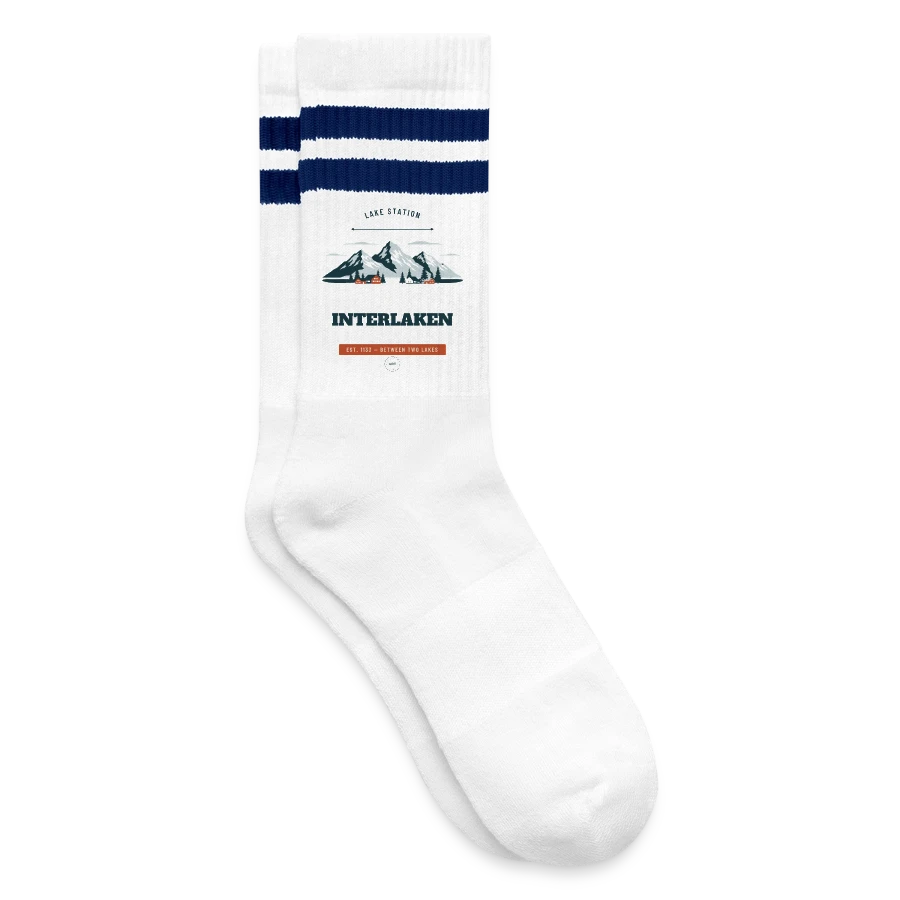 Interlaken badge on a striped tennis socks, white/navy