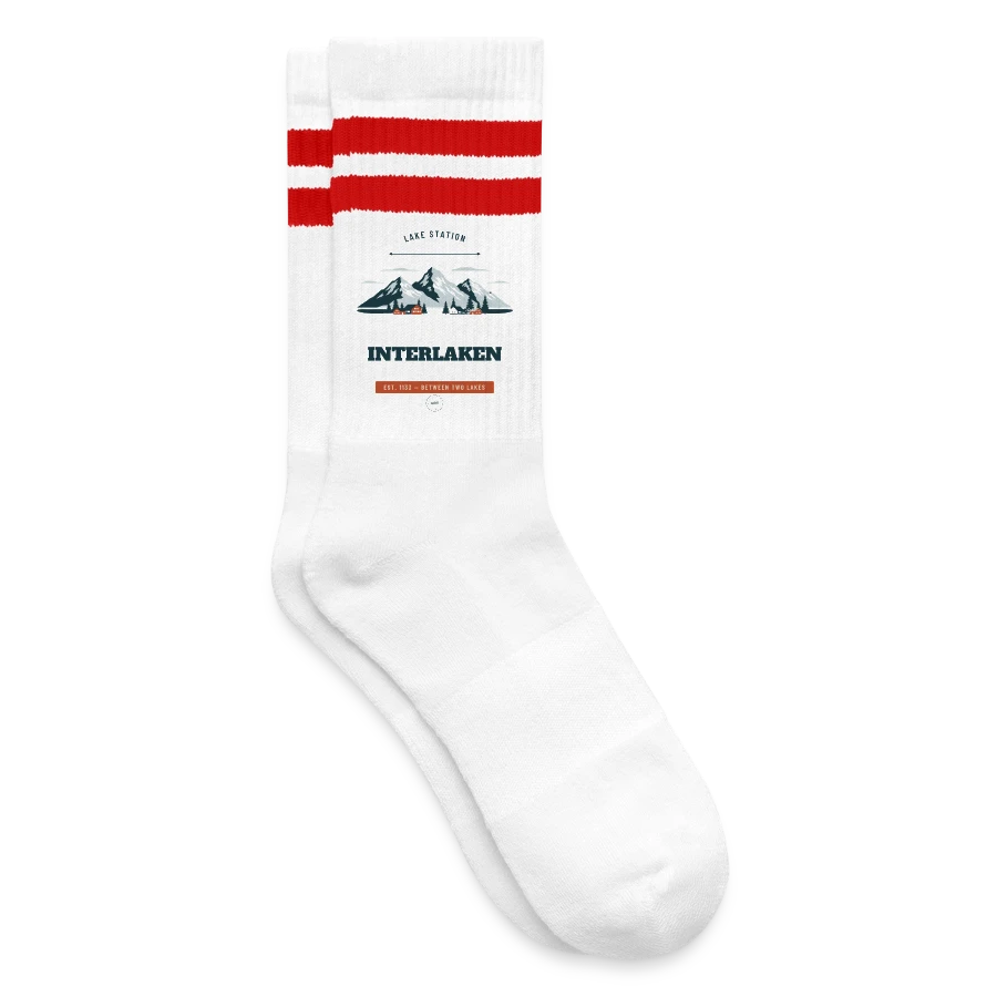 Interlaken badge on a striped tennis socks, white/red