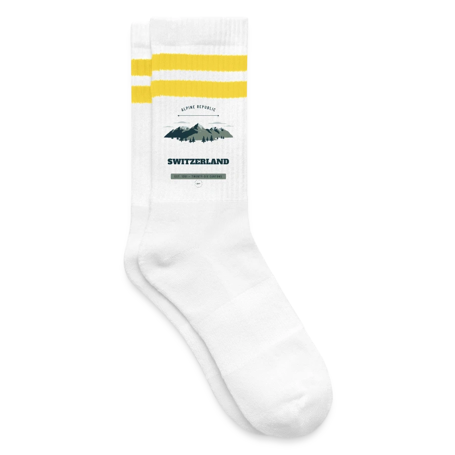 Switzerland badge on a striped tennis socks, white/yellow
