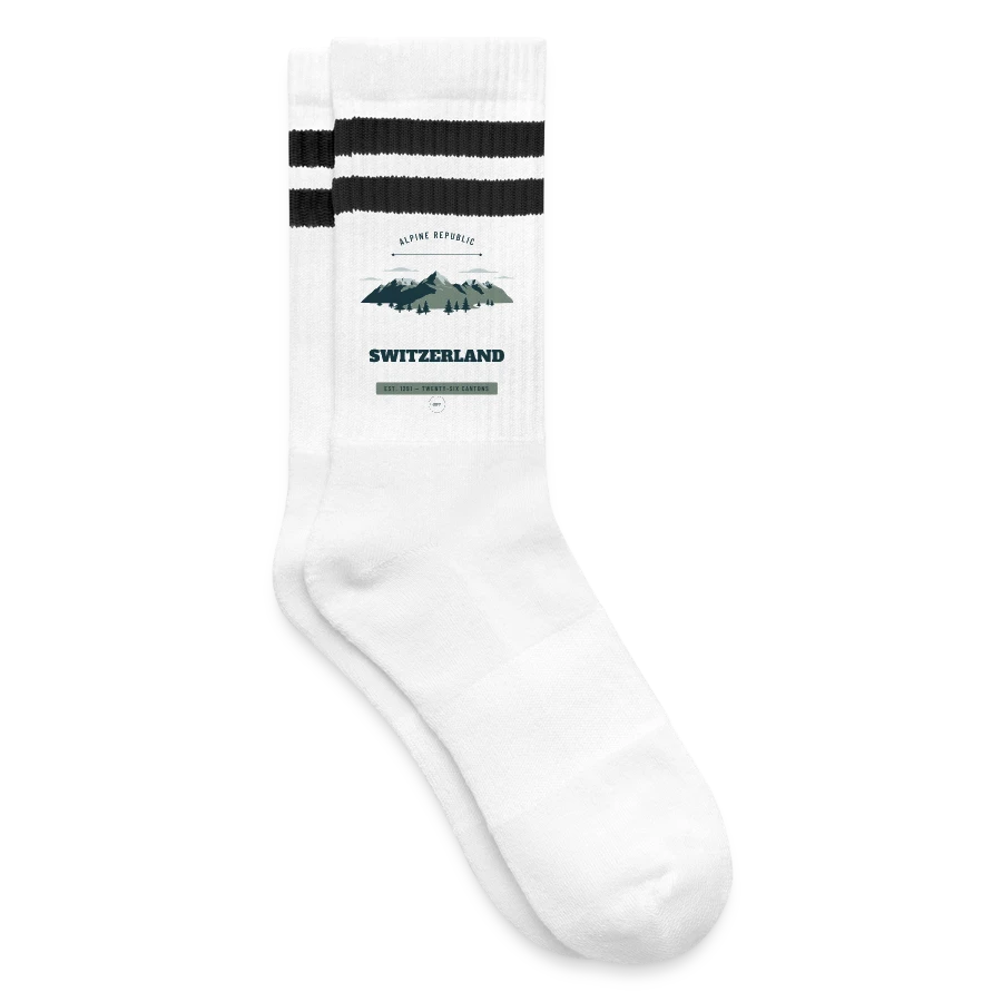 Switzerland badge on a striped tennis socks, white/black