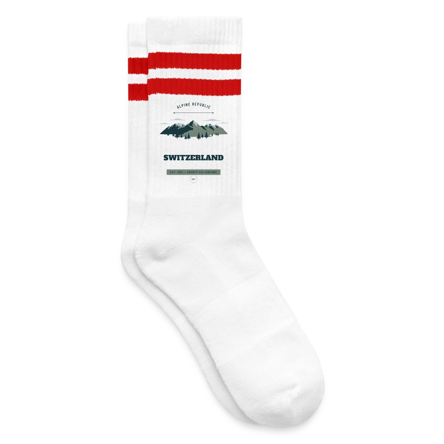 Switzerland badge on a striped tennis socks, white/red