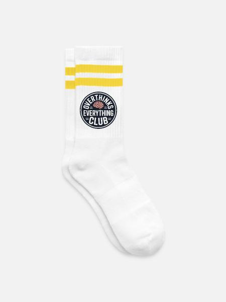 Overthinking lustiger Spruch - Gestreifte Tennissocken - Weiß/Gelb