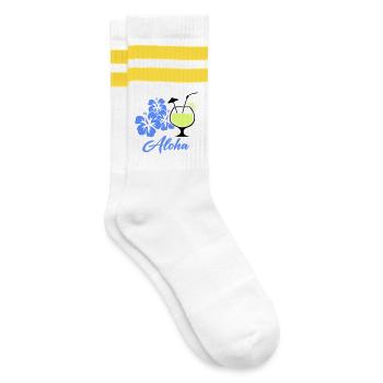 Aloha Hibiskus Tropen-Drink - Gestreifte Tennissocken - Weiß/Gelb - Rechts