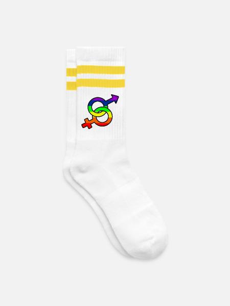 Gender-Hetero-Logo mit Regenbogen - Gestreifte Tennissocken - Weiß/Gelb