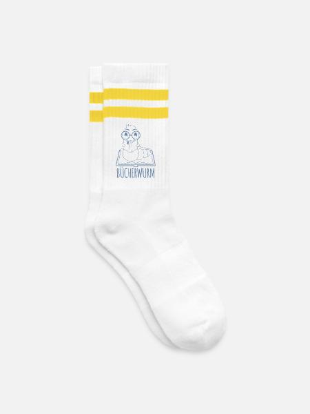 Bücherwurm Silhouette Minimalistisch Nerd - Gestreifte Tennissocken - Weiß/Gelb