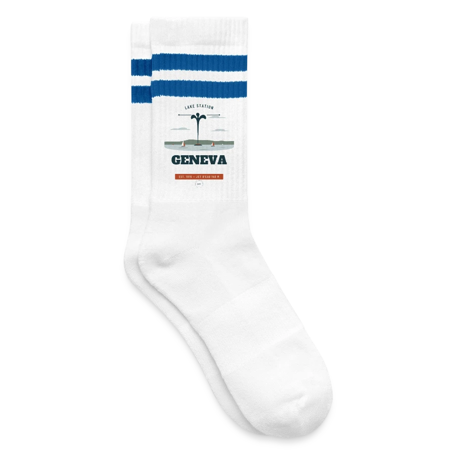 Geneva badge on a striped tennis socks, white/blue