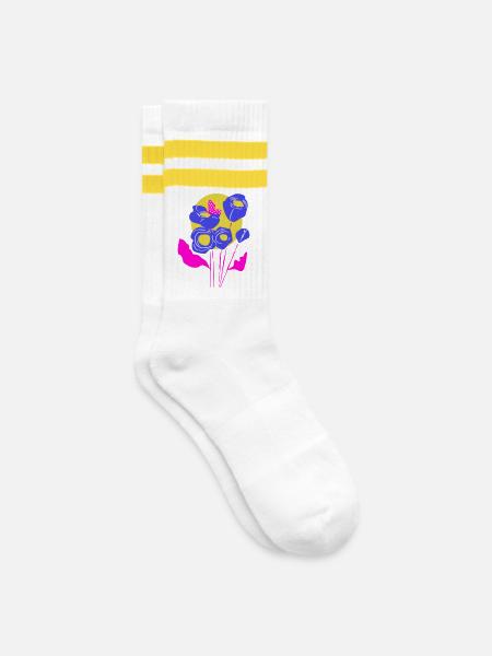 Blumenbouquet in Neonfarben - Gestreifte Tennissocken - Weiß/Gelb
