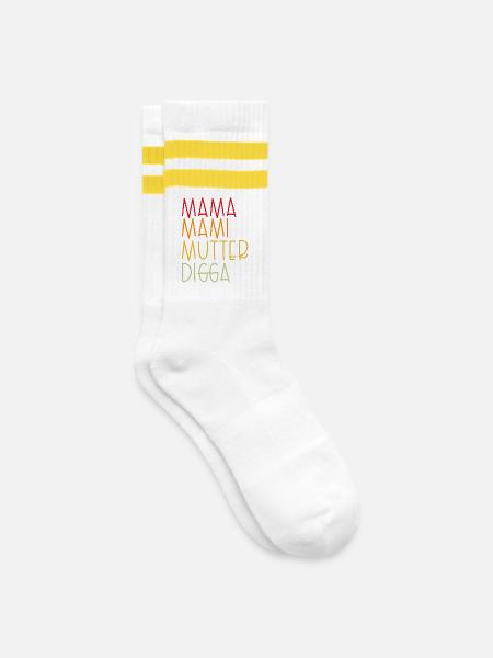 Mama Mami Mutter Digga - Gestreifte Tennissocken - Weiß/Gelb