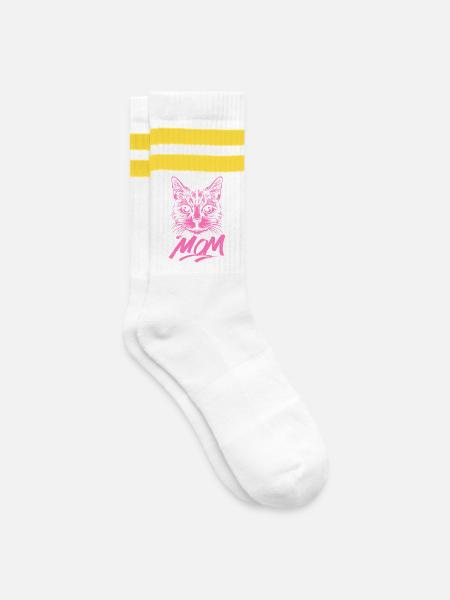 Cat-Mom-Pink-Katze-Kitten-Katzen-Cats-Katzenmutter - Gestreifte Tennissocken - Weiß/Gelb
