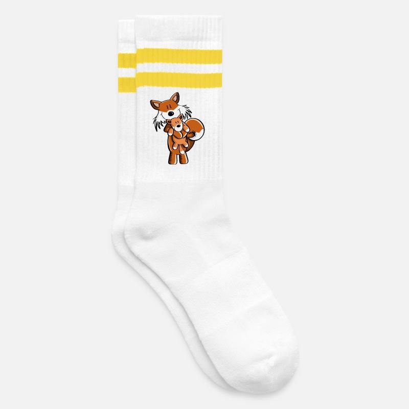 Fuchs mit Babyfuchs - Comic- Geschenk - Kinder - Gestreifte Tennissocken - Weiß/Gelb