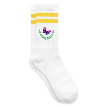 Schmetterling im grünen Lorbeerkranz - Gestreifte Tennissocken - Weiß/Gelb - Rechts