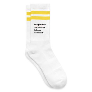 Solopreneur: Eine Person. Unendliches Potenzial. [B] - Gestreifte Tennissocken - Weiß/Gelb - Rechts