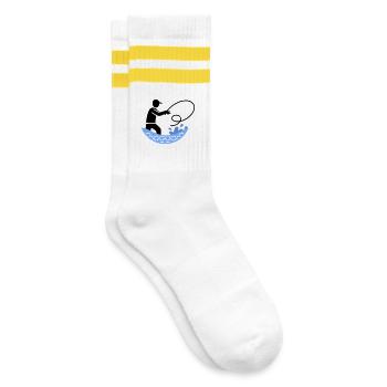 Angeln & Fischen | Petri Heil Hobby Logo - Gestreifte Tennissocken - Weiß/Gelb - Rechts