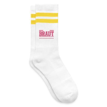 Team Braut Wir Eskalieren Crew Squad JGA Frauen - Gestreifte Tennissocken - Weiß/Gelb - Rechts