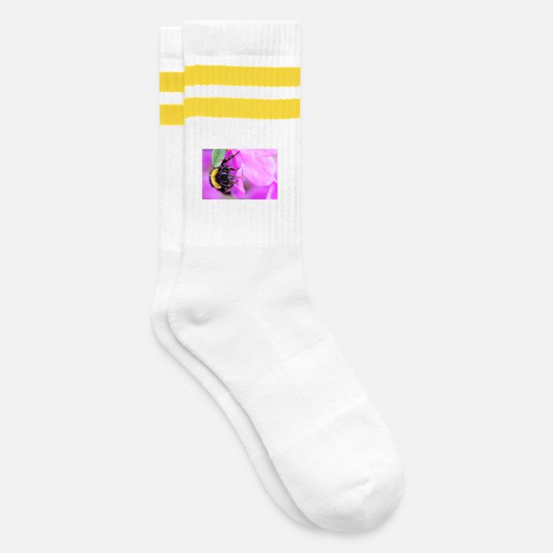 Biene am Veilchen - Gestreifte Tennissocken - Weiß/Gelb