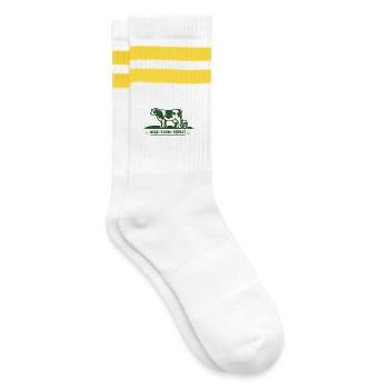 Für Bäuerin und Bauer. Kuh mit Milk-Farm-Repeat - Gestreifte Tennissocken - Weiß/Gelb - Rechts