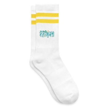 Happy Friday Fun Quote Positive Vibes Design - Gestreifte Tennissocken - Weiß/Gelb - Rechts