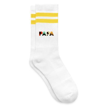 Papa Camping Wandern Retro Vintage-Silhouette - Gestreifte Tennissocken - Weiß/Gelb - Rechts