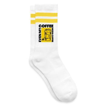 Auch mein Kaffee braucht Kaffee Lustiges Design - Gestreifte Tennissocken - Weiß/Gelb - Rechts