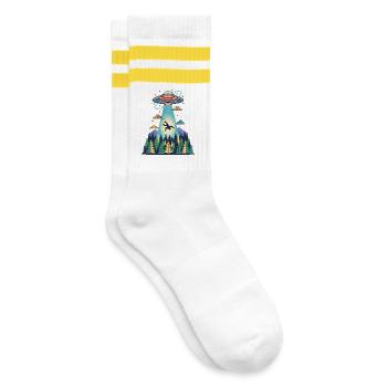 Bigfoot Alien Entführung Sasquatch UFO Raumschiff - Gestreifte Tennissocken - Weiß/Gelb - Rechts