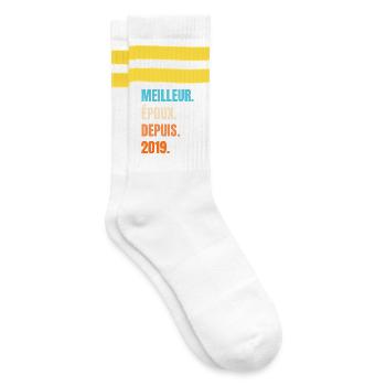 Bester Ehemann seit 2019 Geschenk-Ehemann - Gestreifte Tennissocken - Weiß/Gelb - Rechts