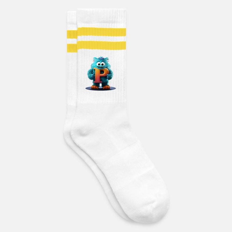 Monstre bleu avec P géant - Chaussettes de tennis - blanc/jaune