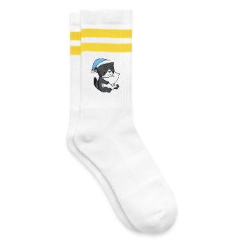 Dormir fatigué - Chat avec oreiller et bonnet somnolent - Chaussettes de tennis - blanc/jaune - Droite