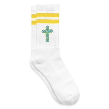 Kreuz Jesus Kreuze Blumen - Gestreifte Tennissocken - Weiß/Gelb - Rechts