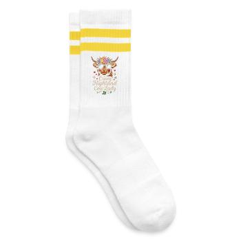 Verrückte Hochlandkuh-Dame - Gestreifte Tennissocken - Weiß/Gelb - Rechts