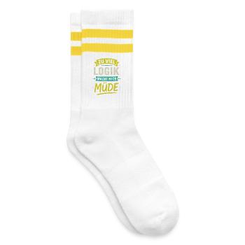 Zu viel Logik macht Müde - lustiger Spruch Büro - Gestreifte Tennissocken - Weiß/Gelb - Rechts