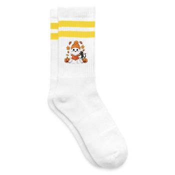 Herbstgeist Leseabend mit Katze - Gestreifte Tennissocken - Weiß/Gelb - Rechts