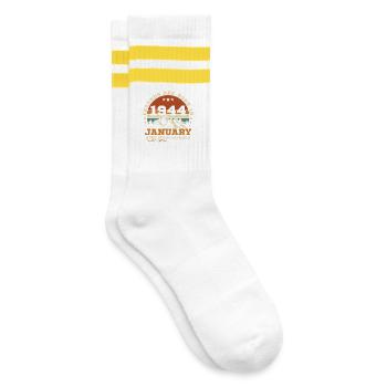 Januar 1944 Vintage-Retro-Geburtstagsgeschenk - Gestreifte Tennissocken - Weiß/Gelb - Rechts